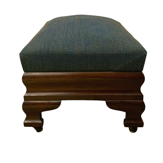 Biggs Mahogany Footstool Ottoman Blue Tweed