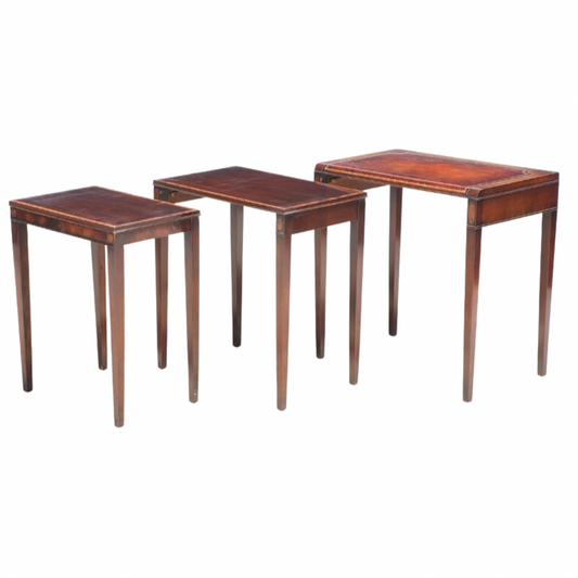 Weiman Federal Style Mahogany and Marquetry Set of 3 Leather Top Nesting Accent Tables