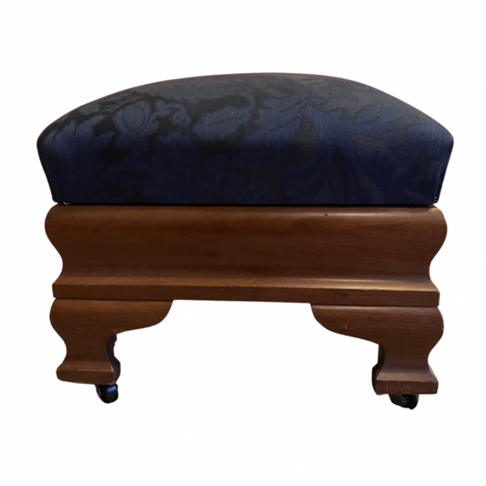 Biggs Blue Damask Mahogany Ottoman with Brass Casters