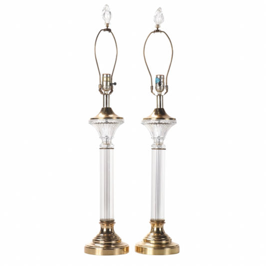 Pair of Crystal Clear Industries Acrylic, Glass, and Brass Candlestick Lamps with Brown Oval Drum Shades