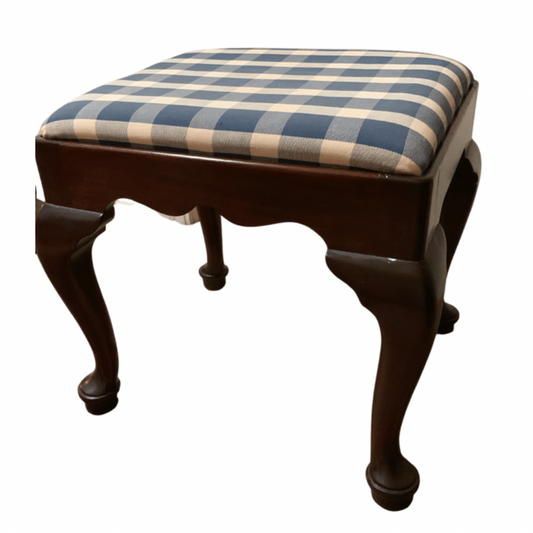 Henkel Harris Blue Plaid Mahogany Foot Stool Ottoman