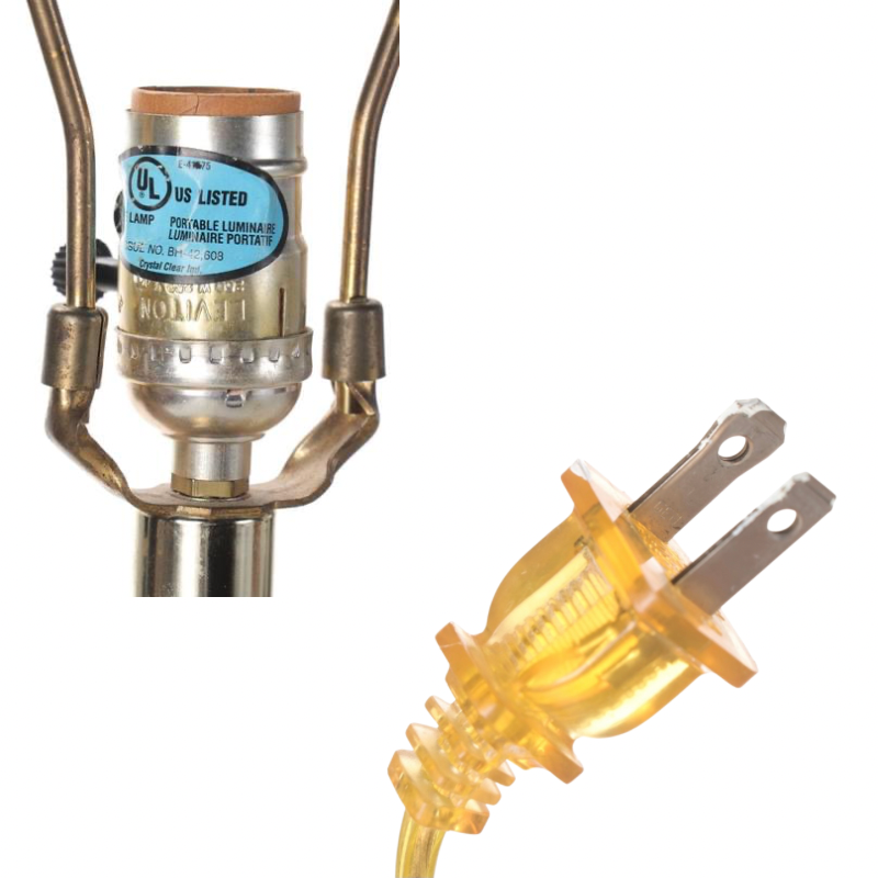 Pair of Crystal Clear Industries Acrylic, Glass, and Brass Candlestick Lamps with Brown Oval Drum Shades