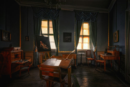 Elegant antique study room with richly detailed wooden furniture, draped curtains, and classical artwork illuminated by warm window light.