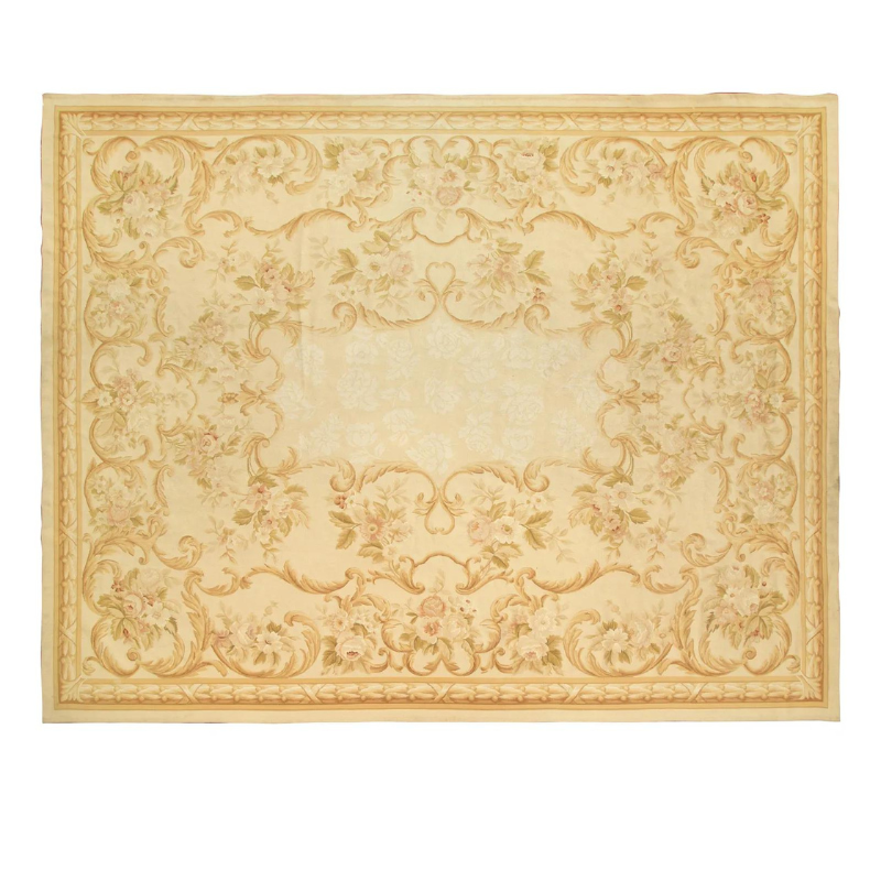 Golden Yellow Floral Aubusson Style Wool Rug 