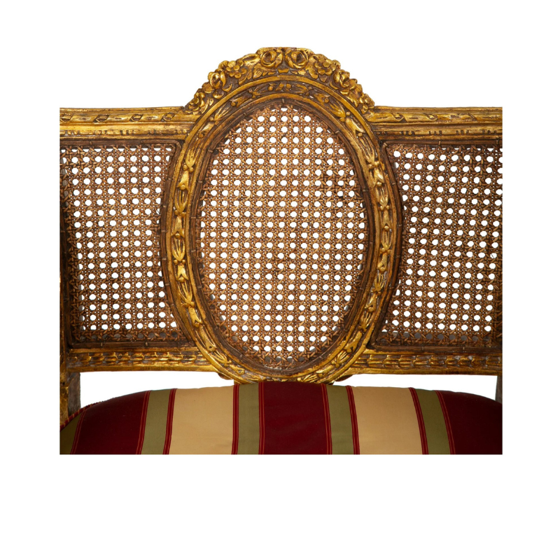 Pair of French Louis XVI Style Giltwood Cane-Back Benches with Red Silk Striped Cushions