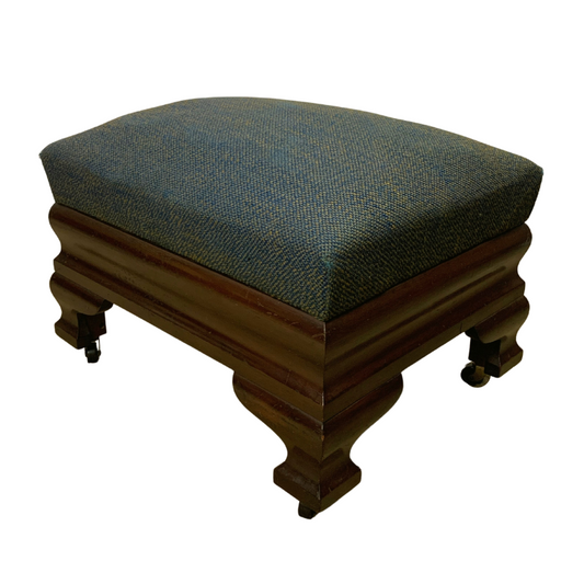 Biggs Mahogany Footstool Ottoman Blue Tweed