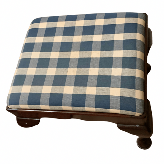 Henkel Harris Blue Plaid Mahogany Foot Stool Ottoman