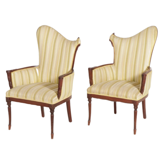 Hollywood Regency Asymmetric Mahogany Yellow Stripe Armchairs, Mid-20th Century