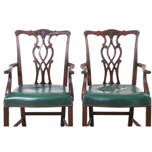 Kindel Chippendale Style Mahogany Pair of Green Leather Chairs 76-071