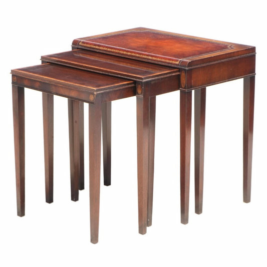 Weiman Federal Style Mahogany and Marquetry Set of 3 Leather Top Nesting Accent Tables