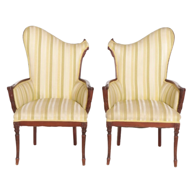 Hollywood Regency Asymmetric Mahogany Yellow Stripe Armchairs, Mid-20th Century