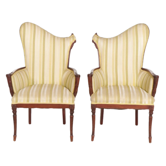 Hollywood Regency Asymmetric Mahogany Yellow Stripe Armchairs, Mid-20th Century